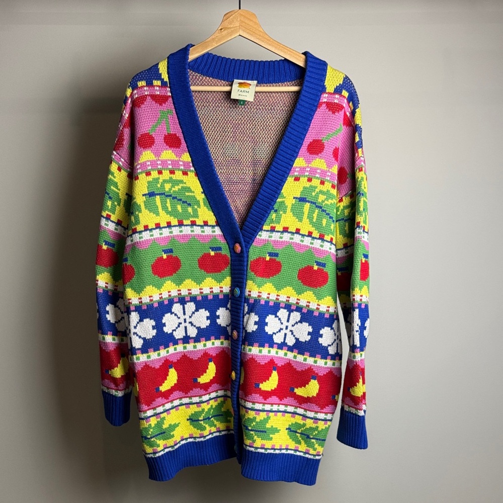 FARM Rio Multicolor Fruit, tropical & Floral V-Neck Cardigan - Blue Trim Size S